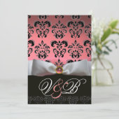 WEISS RIBBON PINK SCHWARZES DAMASK-MONOGRAMM EINLADUNG (Stehend Vorderseite)