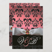 WEISS RIBBON PINK SCHWARZES DAMASK-MONOGRAMM EINLADUNG (Vorne/Hinten)