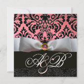 WEISS RIBBON PINK SCHWARZES DAMASK-MONOGRAMM EINLADUNG (Vorderseite)