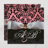 WEISS RIBBON PINK SCHWARZES DAMASK-MONOGRAMM EINLADUNG (Vorne/Hinten)