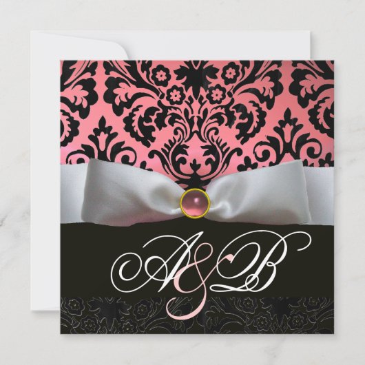 WEISS RIBBON PINK SCHWARZES DAMASK-MONOGRAMM EINLADUNG (Vorderseite)