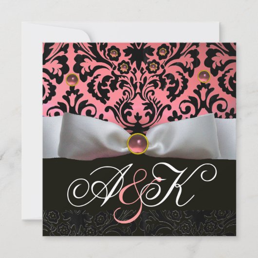 WEISS RIBBON PINK SCHWARZES DAMASK-MONOGRAMM EINLADUNG (Vorderseite)