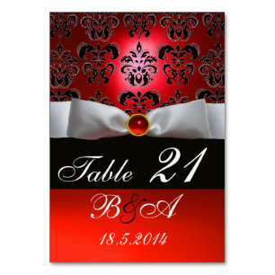 WEISS RIBBON, SCHWARZES ROTES DAMASK-MONOGRAMM TISCHNUMMER