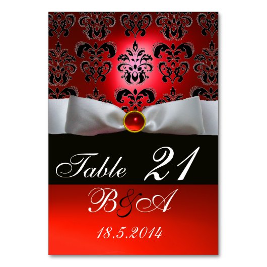 WEISS RIBBON, SCHWARZES ROTES DAMASK-MONOGRAMM TISCHNUMMER (Rückseite)