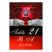 WEISS RIBBON, SCHWARZES ROTES DAMASK-MONOGRAMM TISCHNUMMER (Vorderseite)