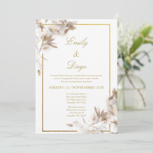 Weiß rosa elegante Hochzeit Einladung in Spanisch (Stehend Vorderseite)