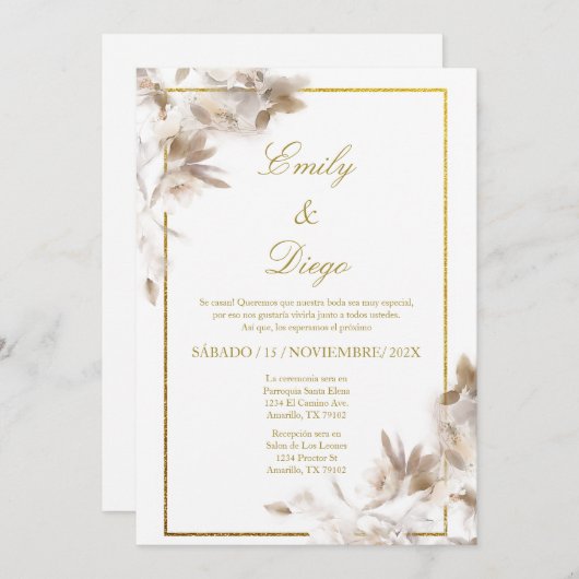 Weiß rosa elegante Hochzeit Einladung in Spanisch (Vorne/Hinten)