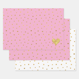 Weiß Rosa Gold Punkte Herz Geburtstag Geschenkpapier Set