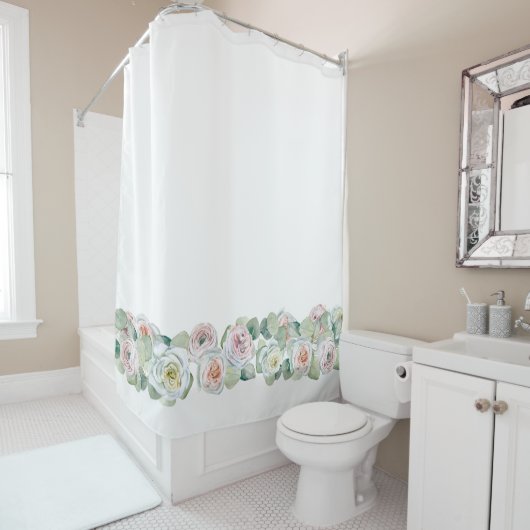 Weiß-rosa-grüne, zarte Aquarellfarben-Rose Blätter Duschvorhang (Beispiel)