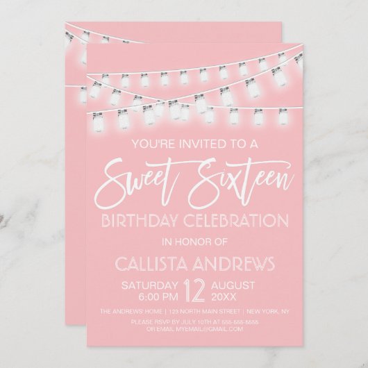 Weiß rosa Mason Jar String Lights Sweet 16 Einladung (Vorne/Hinten)