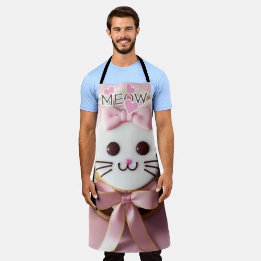 Weiß/rosa/Mattierte Kitty/Meow/Überblenddruck Schü Schürze (Getragen)