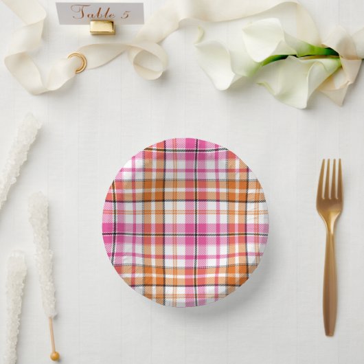 Weiß Rosa Orange Kariert Tartan Design  Pappteller (Hochzeit)