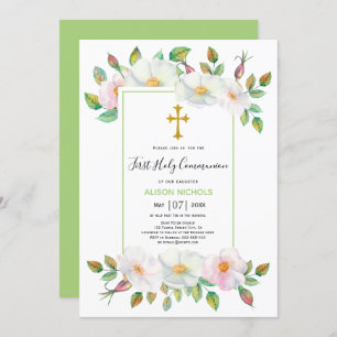 Weiß rosa Rose grün Blumenstrauß Erste Kommune Einladung