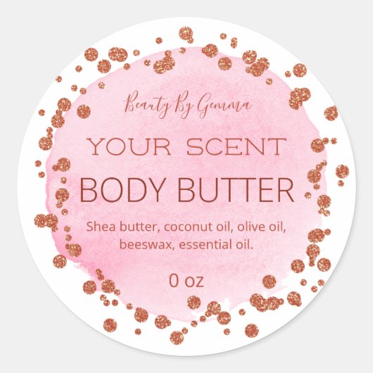 Weiß rosa und Rose Gold Dots Body Butter Etiketten Runder Aufkleber (Vorderseite)