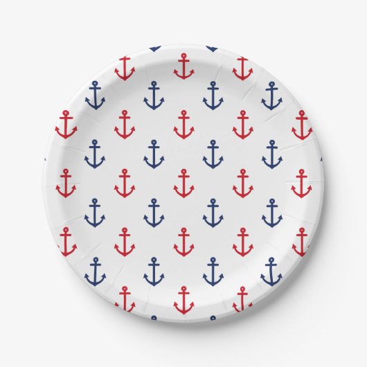 Weiß Rot Blau Maritimes Anker Muster Pappteller (Vorderseite)