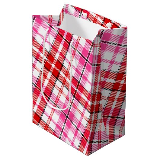 Weiß-Rot-Pink-Karodesign Mittlere Geschenktüte (Vorderseite Schrägansicht)