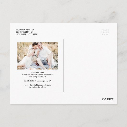 Weiß rustikales Whimsikskript-Foto Save the Date Postkarte (Rückseite)