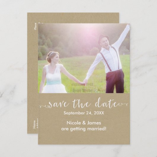 Weiß SAVE THE DATE rustikales Foto Hochzeit Postka Ankündigungspostkarte (Vorne/Hinten)