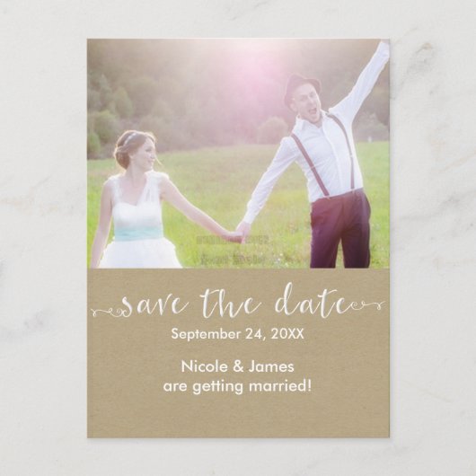 Weiß SAVE THE DATE rustikales Foto Hochzeit Postka Ankündigungspostkarte (Vorderseite)
