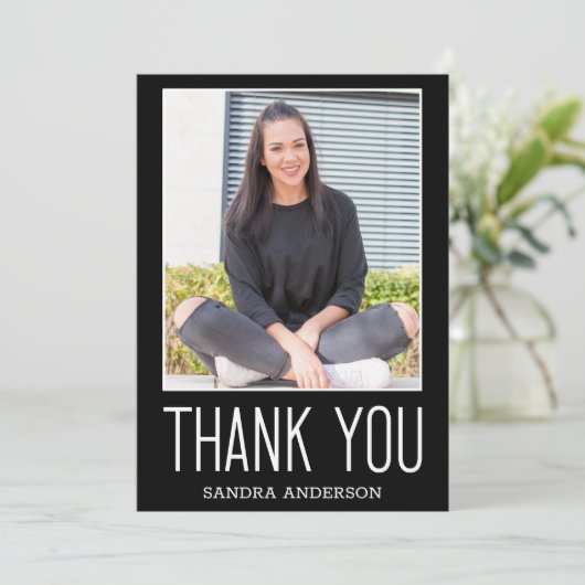 Weiß & Schwarz Danke, 2 Foto Abschluss Card Dankeskarte (Stehend Vorderseite)