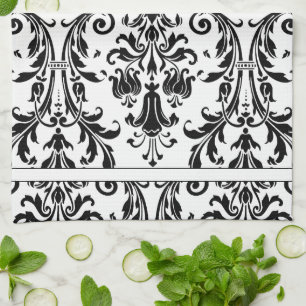 Weiß Schwarz Floral Wirbel Damast Monogramm Geschirrtuch