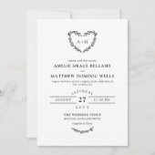 Weiß & Schwarz Herzkranz 2 in 1 Wedding Invitati Einladung (Vorderseite)