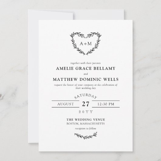 Weiß & Schwarz Herzkranz 2 in 1 Wedding Invitati Einladung (Vorderseite)