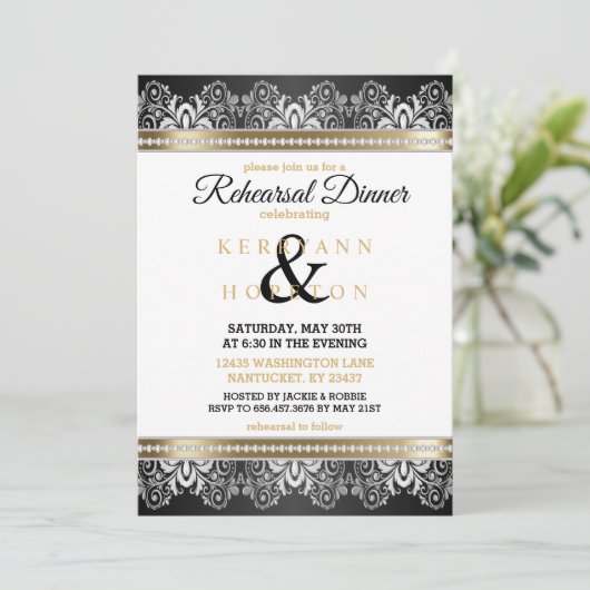 Weiß, Schwarz, Silver & Gold - Probe Abendessen Einladung (Stehend Vorderseite)