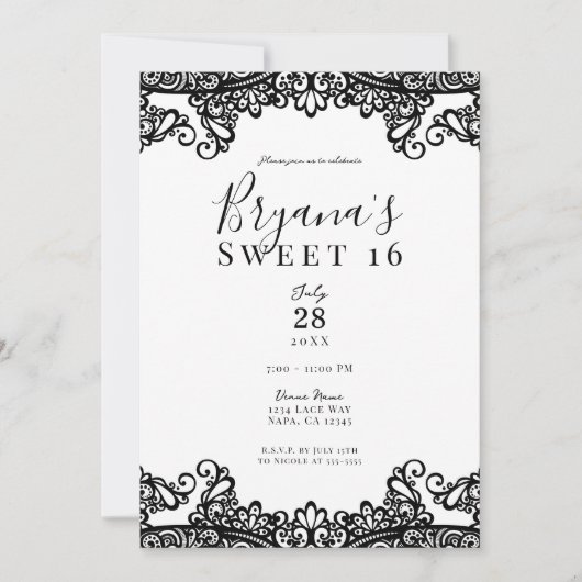 Weiß & Schwarz Spitze Elegant Sweet 16 Party Einladung (Vorderseite)