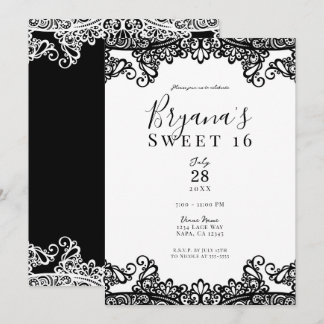 Weiß & Schwarz Spitze Elegant Sweet 16 Party Einladung