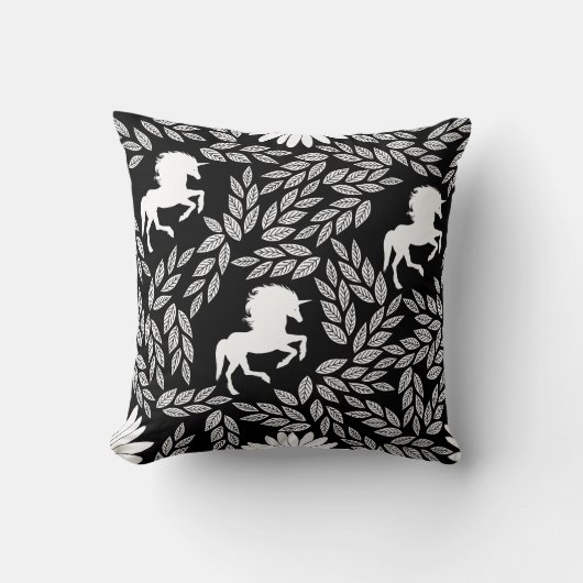 Weiß & Schwarz Trendy Unicorn & Blumenmuster Kissen (Vorderseite)