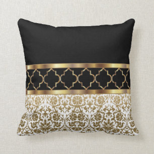 Weiß, Schwarz und Gold Quatrefolien und Damask Mus Kissen