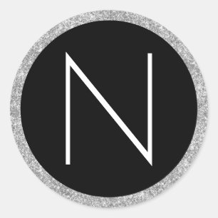 Weiß-Schwarz und Silber-Glitter-Monogramm Runder Aufkleber