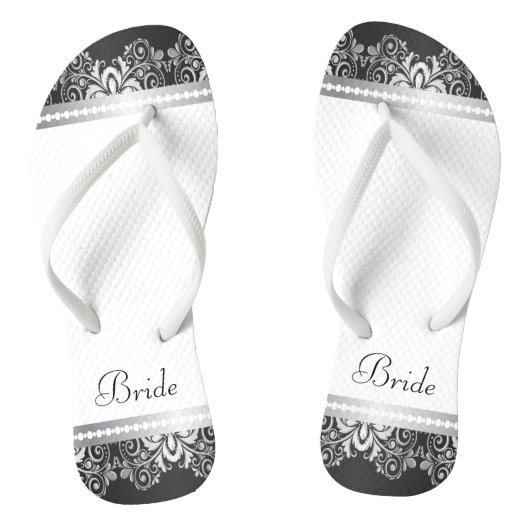 Weiß, Schwarz und Silber | Hochzeitsparty Badesandalen (Fußbett)