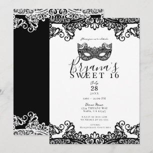 Weiß-schwarze Maskenparty - Süße 16-Party Einladung