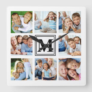 Weiß Schwarzes 8-Foto-Raster Familien-Collage Mono Quadratische Wanduhr