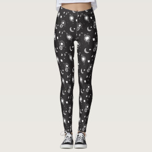 Weiß schwarzes Himmelssonne Mond Galaxiemuster Leggings