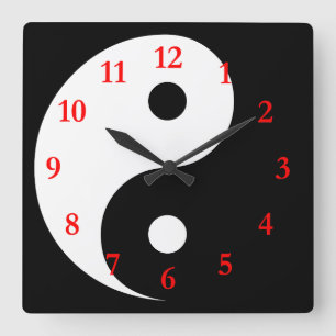 Weiß/Schwarzes Yin-Yang-Symbol mit roten Zahlen Quadratische Wanduhr