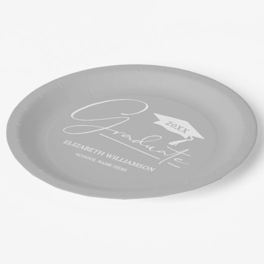 Weiß-Script-Graduierungstafel Silver Gray Pappteller (Schrägansicht)