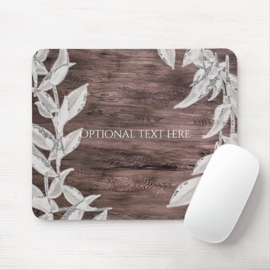 Weiß & silber Blätter & Rustikales Holz Elegant Mousepad (Mit Mouse)