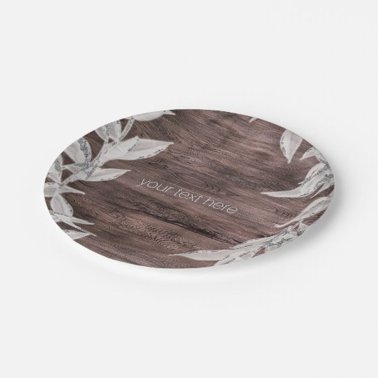 Weiß & silber Blätter & Rustikales Holz Elegant Pappteller (Schrägansicht)