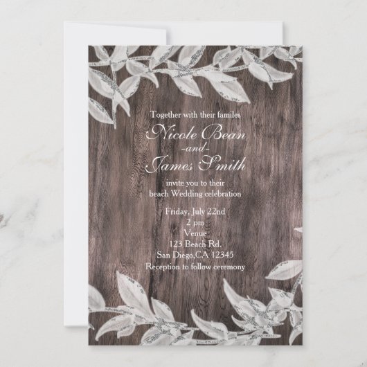 Weiß & Silber Blätter Winter Wedding Rustic Wood Einladung (Vorderseite)