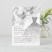 Weiß & Silberblume Hochzeitskleid Brautparty Einladung (Stehend Vorderseite)