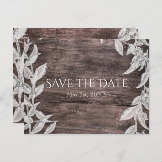 Weiß & Silberne Blätter und rustikales Holz Save t Ankündigungspostkarte (Vorne/Hinten)