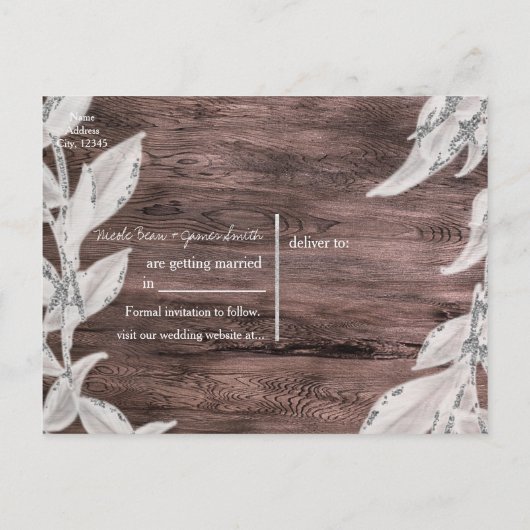 Weiß & Silberne Blätter und rustikales Holz Save t Ankündigungspostkarte (Rückseite)