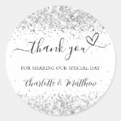 Weiß silberne Glitzer Glitzern danke Ihnen Hochzei Runder Aufkleber (Vorderseite)