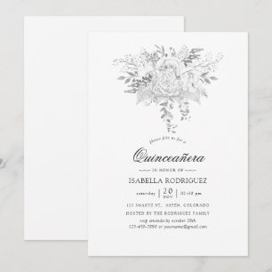 Weiß-silberne Vintage-Blumen-Quinceañera Einladung