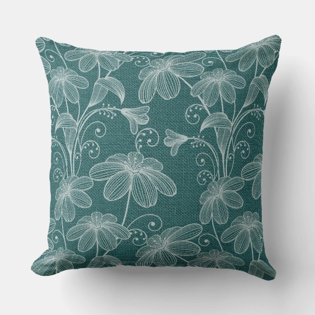 Weiß-"skizziertes" Blumen auf dunkler aquamariner Kissen (Vorderseite)