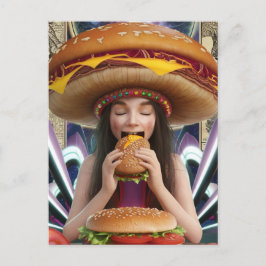 Weiß Surreal Girl mit Cheeseburger Hat Scifi Postkarte