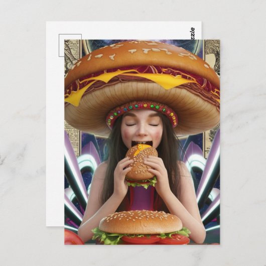 Weiß Surreal Girl mit Cheeseburger Hat Scifi Postkarte (Vorne/Hinten)